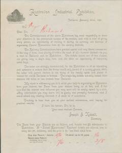 1895-96 AUSTRALIAN INDUSTRIAL EXHIBITION: 1896 letter to the Mayor of Richmond on letterhead for the Australian Industrial Exhibition then open in Ballarat.&nbsp;[The Exhibition was open: 20 December 1895 - 4 May 1896].