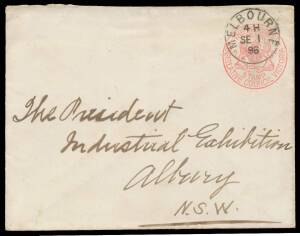 INWARDS &nbsp;MAIL: 1896 (Sept. 1) envelope with printed 'THE SPEAKER/LEGISLATIVE COUNCIL VICTORIA' Frank stamp in dull red, to "The President/Industrial Exhibition/Albury", 'ALBURY/NSW' arrival b/s, light vertical fold. This is the only item of postal history