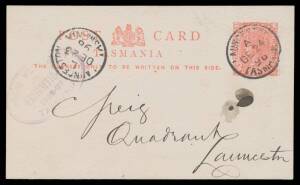 TASMANIA POSTAL CARD: 1896 (Dec 24) 1d Postal Card local usage at Launceston with light but obvious 'NORTH WEST COAST/EXHIBITION/1896-97/TASMANIA' double-oval cachet in purple at left (another incomplete strike on reverse). The only recorded example of th