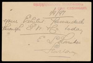 VICTORIAN POSTAL CARD: 1897 (April 1) QV 1d Postal Card with 'WARRNAMBOOL INDUSTRIAL/& ART EXHIBITION' handstamp in red, to Bendigo with Warrnambool duplex. Message regarding the return of an exhibit. The only recorded example.