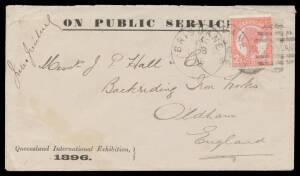 EXHIBITION ENVELOPE: On Public Service envelope with 'Queensland International Exhibition/1896'&nbsp;imprint at lower-left & signed by "Jules Joubert" (the&nbsp;Exhibition Manager) at upper-left, to "Backriding Iron Works/Oldham/England" with 2&frac12;d pink tied by Brisb