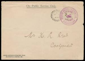 LOCAL MAIL: 1899 envelope (178x128mm) with two-line Exhibition imprint at lower-left & embossed Coat-of-Arms in blue on the flap, fine strike of the 'WESTERN AUSTRALIAN EXHIBITION/COOLGARDIE 1898' Frank handstamp in purple, local usage with Coolgardie dup