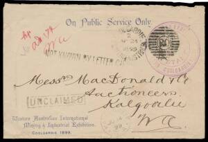 EXHIBITION ENVELOPES: 1898-99 envelopes of various sizes with all-different styles of Exhibition imprint at lower-left & each with 'WESTERN AUSTRALIAN EXHIBITION/COOLGARDIE 1898' Frank handstamp in shades of violet, three are internal usages - one with th