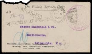 EXHIBITION ENVELOPES: 1899 envelopes with two different styles of Exhibition imprint at lower-left & each with 'WESTERN AUSTRALIAN EXHIBITION/COOLGARDIE 1898' Frank handstamp in violet
