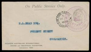 LOCAL MAIL: 1898 envelope with three-line Exhibition imprint at lower-left & 'WESTERN AUSTRALIAN EXHIBITION/COOLGARDIE 1898' Frank handstamp in violet, local usage with Coolgardie duplex, very fine.