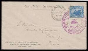 OVERSEAS MAIL: 1898 envelope with three-line Exhibition imprint at lower-left & 'WESTERN AUSTRALIAN EXHIBITION/COOLGARDIE 1898' Frank handstamp in purple partly obscured by 2 1/2d Swan - required for sending overseas - tied by Coolgardie duplex, to France