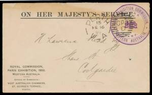 WESTERN AUSTRALIAN COMMISSION: WA OHMS envelope with 'ROYAL COMMISSION/PARIS EXHIBITION 1900/WESTERN AUSTRALIA' imprint at lower-left, fine strike of the rare 'PARIS EXHIBITION COMMISSION/WESTERN AUSTRALIA' Frank handstamp in violet, to Coolgardie with 'P