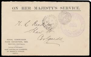 WESTERN AUSTRALIAN COMMISSION: 1899 WA OHMS envelope with 'ROYAL COMMISSION/PARIS EXHIBITION 1900/WESTERN AUSTRALIA' imprint at lower-left, light but very fine strike of the rare 'PARIS EXHIBITION COMMISSION/WESTERN AUSTRALIA' FRank handstamp, local usage