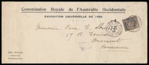 WESTERN AUSTRALIA COMMISSION: 1900 long envelope with 'Commission Royale de l'Australie Occidentale/...' imprint at the top, to Roumania with 25c tied by 'PARIS 106/PLACE DU TROCADERO', Bucarest arrival b/s & light strike of the postman's "posthorn" deliv