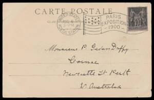 EXHIBITION POSTMARKS: 'PARIS EXPOSITION/PRESS' datestamp used at the Exhibition Newspaper Bureau&nbsp;on Exhibition postcard (spotty, especially on the viewside), 'PARIS/EXPOSITION UNIVERSELLE - RF ' flag cancel (the datehead weak) on 10c Postal Card, 'UNITED 