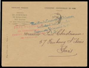 PARIS OLYMPIC GAMES: 1900 (Nov) Exhibition envelope with blue 'Ministere du Commerce & Industries/.../(3)' free frank handstamp and 4-line 'FETE FEDERALE/de Gymnastique/COMITE - 9 Passage Saulnier/Paris' cachet in rosine.&nbsp;PROVENANCE: Baron Pierre de Coube