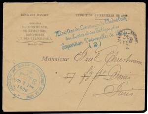 PARIS OLYMPIC GAMES: 1900 (Aug) Exhibition envelope with blue 'Ministere du Commerce & Industries/.../(2)' free frank handstamp and double-circle 'FETE du 2 7bre 1900/Association des Societes de Gymnastique de la Seine' cachet in blue-green.&nbsp;&nbsp;PROVENANCE: 
