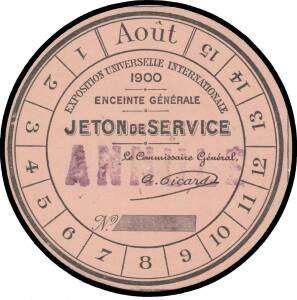 ENTRY TICKETS: Ornate Entry & lottery ticket issued at 20 francs offering Event-related railway travel; Pictorial single entry ticket (1 franc); Entry ticket for "Les Etablissements de Spectacle" and &nbsp;circular "Jeton de Service" card authorising entry for