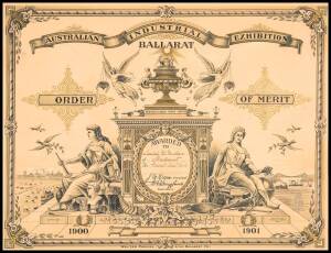 CERTIFICATE, "Australian Industrial Exhibition, Ballarat, 1900-1901", awarded to Isabel McMillan of Ballarat for Point Lace Work, window mounted, overall 60x49cm.The Australian Industrial Exhibition at the Ballarat Exhibition Grounds in Granville Street c