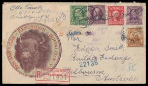 Four different poster stamps for the Exhibition; two different illustrated Exhibition envelopes to India & registered to Australia; and 2c Envelope with&nbsp;Jacob Dold Packaging Co&nbsp;"corner card" & 'BUFFALO NY - PAN AMERICAN/1901/EXPOSITION' machine cancellati