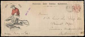 ILLUSTRATED ENVELOPE: 1901 long envelope (268x113mm) with 'Victorian Gold Jubilee Exhibition' imprint & 'Bendigo...' at lower-left, printed 'POSTMASTER-GENERAL' Frank in red & Bendigo duplex of 30.5.01, Melbourne arrival b/s, repaired peripheral tears. Ra