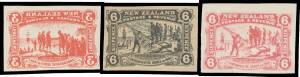POSTAGE STAMPS - ESSAYS: Imperforate plate proofs of the approved designs but in a smaller format with different frames comprising 3d - reversed - in dull red on thin surfaced paper, 6d in black on thin wove paper (thinned) & 6d in rose on thin surfaced p