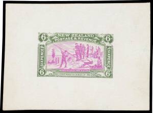 POSTAGE STAMPS - COMPOSITE DIE PROOF: 6d Flag Raising die proof of the frame only in deep olive green on thin glazed card (72x54mm) with a die proof of the vignette in bright mauve cut-to-shape & affixed in position. Delightful!