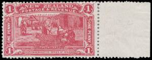 POSTAGE STAMPS - THE UNISSUED PENNY CLARET: 1d claret SG 371a marginal example from the right of the sheet, a few split perfs at the top so the margin has been sensibly reinforced, Cat &pound;8000 (CP $NZ25,000).&nbsp;RPSofL Certificate (1965) as the then SG 425a.