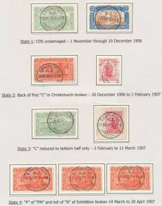 EXHIBITION POSTAL MARKINGS: 'EXHIBITION/NZ/CHRISTCHURCH' datestamp original state x2, State 2 (Back or 'First 'C' of 'CHRISTCHURCH' Broken) x2, State 3 (Further Damage to 'C') x2 & State 4 (Additional Damage to 'N' of 'EXHIBITION') x3, on Exhibition &frac12;d x2