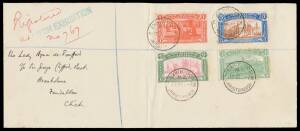 POSTAL MARKINGS: Manuscript "Registered at" in red & 'CH'CH EXHIBITION' handstamp in green on local long envelope with Coat of Arms embossed on the flap with Exhibition set &frac12;d to 6d tied by 'EXHIBITION/6FE07/CHRISTCHURCH' cds, Christchurch arrival b/s, ve