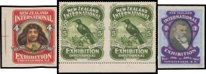 PROMOTIONAL POSTER STAMPS: No 1 imperf as usual (no gum), '2' (large-part o.g.), '3' (no gum), '4' (no gum) and '6' x2 (one on paper, the other no gum, most examples are defective from having been attached to Exhibition Art Union lottery tickets, of which