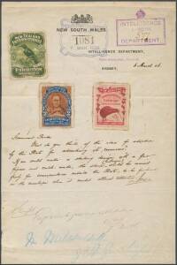 EXHIBITION POSTER STAMPS: Numbers '2' Maori & '3' Kiwi - and '5' Bird, added later - affixed to New South Wales Intelligence Department letterhead to Government Printer suggesting adopting similar labels