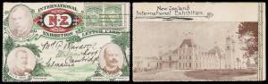 EXHIBITION LETTER CARDS: Private letter cards with photographs of&nbsp;Lord Plunket, Sir JG Ward&nbsp;and&nbsp;GS Munro&nbsp;on the face & of the Exhibition Buildings on the reverse:&nbsp;1)&nbsp;to Tasmania, and&nbsp;2)&nbsp;to South Africa with 'CHRISTIANA' arrival cds on the face.