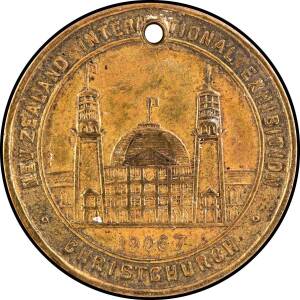 MEDALLIONS: Exhibit display page with Gilt Cross (23mm) Kiwi Bird, Bronze (23mm) inscribed 'AWARDED TO H PERRY & Co.' x2 and Silver (30mm) 'HOME INDUSTRIES SECTION / AWARDED TO CLARENCE V GRIMMETT', also picture postcard showing Stokes souvenir medals iss