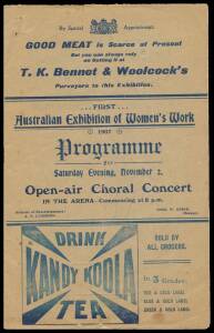 PROGRAMME: Printed Programme (8 pp.) for Saturday 2nd November 1907 Open Air Choral Concert including interesting advertisements and full list of Choir and musicians.Includes details of 2 songs with words written for the Exhibition by Miss Annie Rentoul.