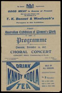 PROGRAMME: Printed Programme (8 pp.) for Thursday 14th November 1907 Choral Concert with full list of musicians and Choir and advertisements. Fine condition.Provenance: Australian Book Auctions, September 2007, The Berry Collection,Lot 255.