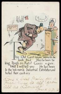 Norman Lindsay-designed "Bulletin" postcard with cartoon by "Hop" of a gent with a bellyache & caption "...He has been to the Women's Industrial Exhibition, and tasted their cook-ery". Used in Sydney.