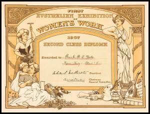 CERTIFICATE, "First Australian Exhibition of Women's Work, 1907", Second Class Diploma awarded to Miss A.M.E. Bale for Figure Study in Black & White, window mounted, overall 57x47cm.Alice Marian Ellen Bale (1875-1955), artist, was born on 11 November 1875