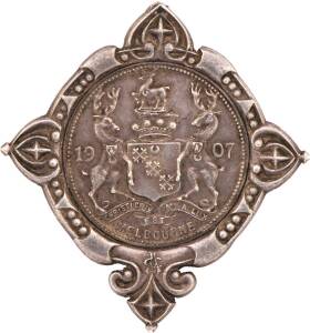 MEDALLIONS: Silver (30mm) 'HIGHEST / AWARD FOR / FRUIT VEGETABLES / MRS THOMAS' minted by Newman, enclosed in jewellers mount, &nbsp;VF.