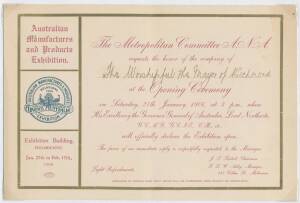 INVITATION: Opening Ceremony invitation for the Australian Manufacturers and Products Exhibition at the Exhibition Buildings, Melbourne, to The Worshipful the Mayor of Richmond held on 27th January 1906. The Exhibition was to be opened by the Governor-Gen