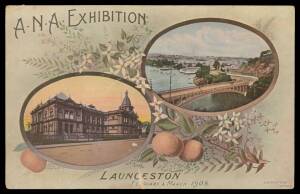 POSTCARDS: Spurling "real photo" of the bustling interior (surface defects at right), Daily Telegraph advertising card for their stand (small edge faults at base & stamp removed), and Examiner of Rowing on the Tamar overprinted with "The New Foods/..." ad