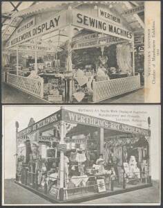 ADVERTISING POSTCARDS: Troedel & Co&nbsp;of&nbsp;Wertheim's Art & Needlework stand at the Exhibition, used at Melbourne; also 1910&nbsp;Chamber of Manufactures Exhibition&nbsp;card for&nbsp;Wertheim's Sewing Machines&nbsp;used at Adelaide.