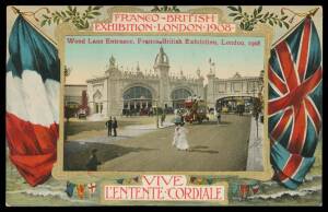 EXHIBITION POSTCARDS: Mounted selection of mostly British cards including 2-panel panorama of the "Elite Gardens", patriotic types by Valentine x3 & Aristophot x2, Australian Pavilion x5 (one an advertising type for John Reid & Sons), the South Australian