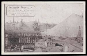 "SEMI-OFFICIAL" POSTCARDS - WESTERN AUSTRALIA: Government Lithographer Perth promotional cards in purple comprising "A New Settlers First Crop", "Orchard at Mt Barker", "The Golden Mile, Kalgoorlie", "...Jarrah Timber...", "Tunnel on Coal Seam..." (used i