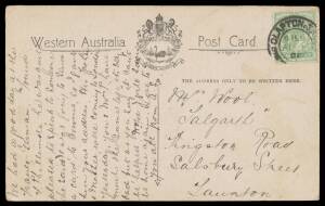 "SEMI-OFFICIAL" POSTCARDS - WESTERN AUSTRALIA: Government Lithographer Perth promotional cards comprising "Tunnel on Coal Seam..." in black, "We have 8,000,000 of Jarrah Forests..." in black, "Wheat Farm, Wyola" in purple and "Young Horses..." in black, a