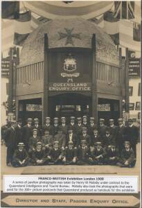 PHOTOGRAPHS, taken by Henry Mobsby, of the Queensland Court at the 1908 Franco-British Exhibition, one titled "Director and Staff, Pagoda Enquiry Office" the other showing flour and cotton displays. (2 items)Mobsby had taken over as official artist and ph