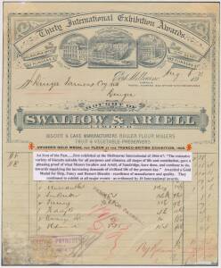 Attractive invoice for Swallow and Ariell, Biscuit & Cake Manufacturers dated 6 August 1913 noting their "Gold Medal for Flour at the Franco British Exhibiton, 1908".