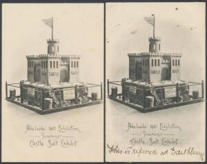 POSTCARDS: Advertising card for Castle Salt x2 (one unused; the other used with message "This is refined at Edithburg...we live ten miles from [there]...", also JB Siddall "Settler's Home/Adelaide Exhibition 1910" (unused). (3 Postcards)