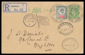 Philatelic usage of KEVII 1/2d Postal Card with KEVII 2d tied & two superb strikes of the rare 'FESTIVAL OF EMPIRE/CRYSTAL/PALACE/26JY11/ 7 /IMPERIAL EXHIBITION' datestamp, superb