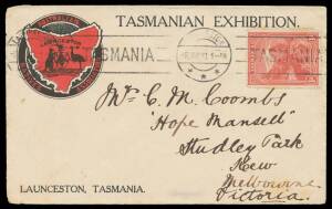 EXHIBITION COVER: Illustrated envelope for the Exhibition in Launceston, to Melbourne with Pictorial 1d tied by Launceston machine cancellation. Very scarce.