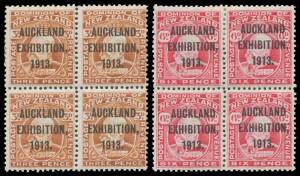 ISSUED STAMPS: 1913 &frac12;d (one lower unit creased) to 6d SG 412-415 complete set in blocks of 4, the 6d unusually well centred, the lower units are unmounted, Cat. &pound;1200++ (CP&nbsp;$NZ3800+). Rare multiples. (4 blocks).