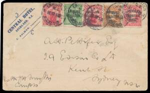 EXHIBITION DATESTAMP: 'EXHIBITION/NZ/3DE13/AUCKLAND' cds tying Exhibition &frac12;d to 6d + 1d Universal to&nbsp;Central Hotel Auckland&nbsp;envelope to NSW with Sydney arrival b/s of DE9-1913.