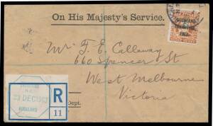 REGISTRATION DATESTAMP: Octagonal 'EXHIBITION/NZ/23DEC1913/AUCKLAND' d/s in green (as usual) on registration label, on OHMS cover to Melbourne with Exhibition 3d SG 414 tied by 'AUCKLAND/REGISTERED' cds, minor bends & the flap has been removed.