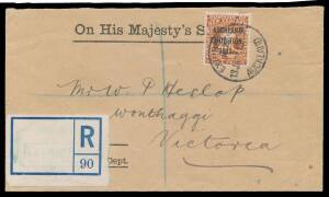 REGISTRATION DATESTAMP: Octagonal 'EXHIBITION/NZ/13JAN1914/AUCKLAND' d/s in green (as usual) on registration label, on OHMS cover to Victoria with Exhibition 3d SG 414 tied by 'EXHIBITION/AUCKLAND' cds, 'WONTHAGGI' arrival b/s, very fine. [The rate was 1d