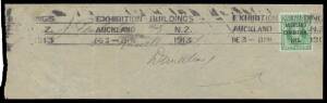 MACHINE SLOGAN CANCELLATIONS: Part-wrapper with Exhibition &frac12;d and local cover with Exhibition 1d pair both with 'EXHIBITION BUILDINGS/AUCKLAND NZ' machine, also cover to Sydney with Exhibition &frac12;d x2 and cover to Dunedin with 1d Universal both with 'EXHIBI